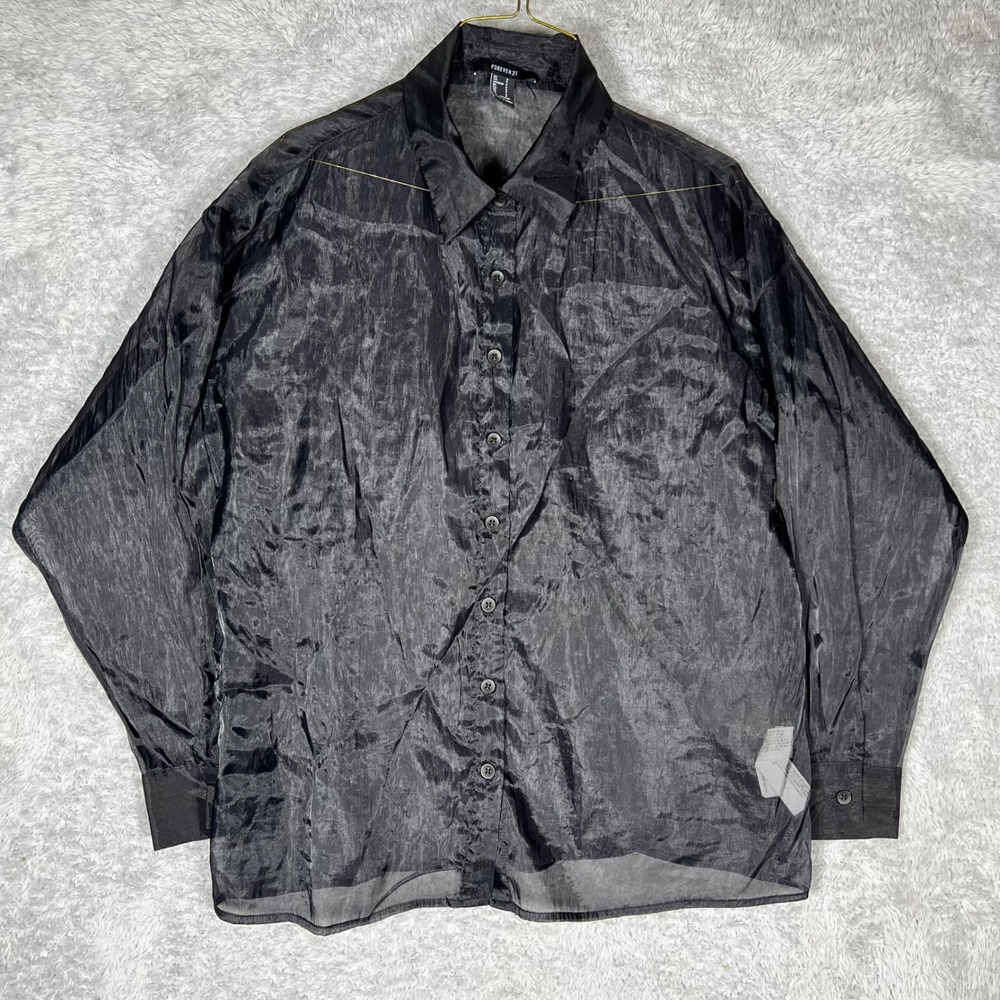 Forever 21 Women Sheer Black Button Down Shirt Crinkle Texture Long Sleeve Small